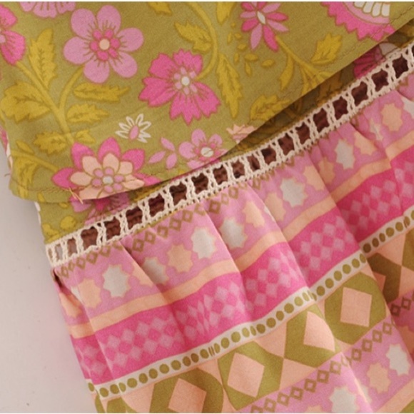 Green Floral Boho Retro Tiered Ruffle Mini Dress - Picture 11 of 12